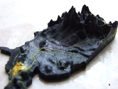 Slime mould growing over a 3D plastic map of the United States